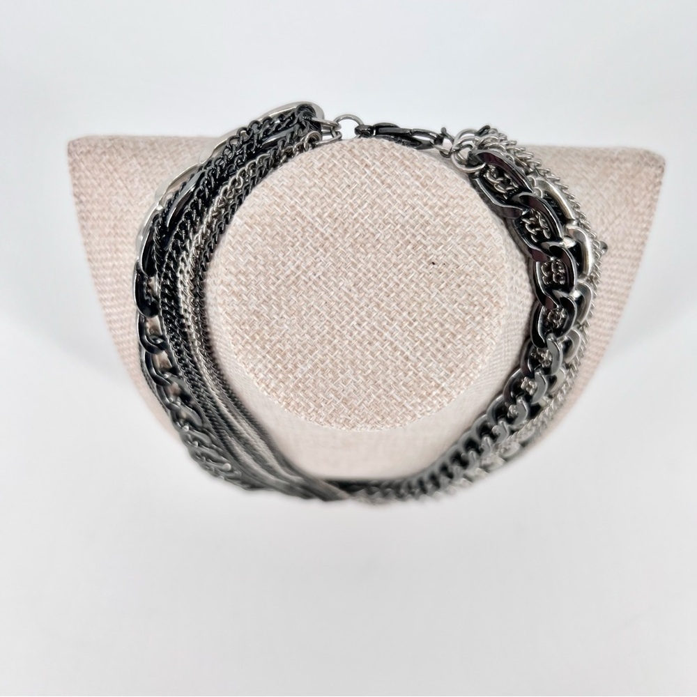 Layered Mixed Metal Chain Necklace Multi Strand Gunmetal Silver Edgy Punk Goth - Picture 5 of 15